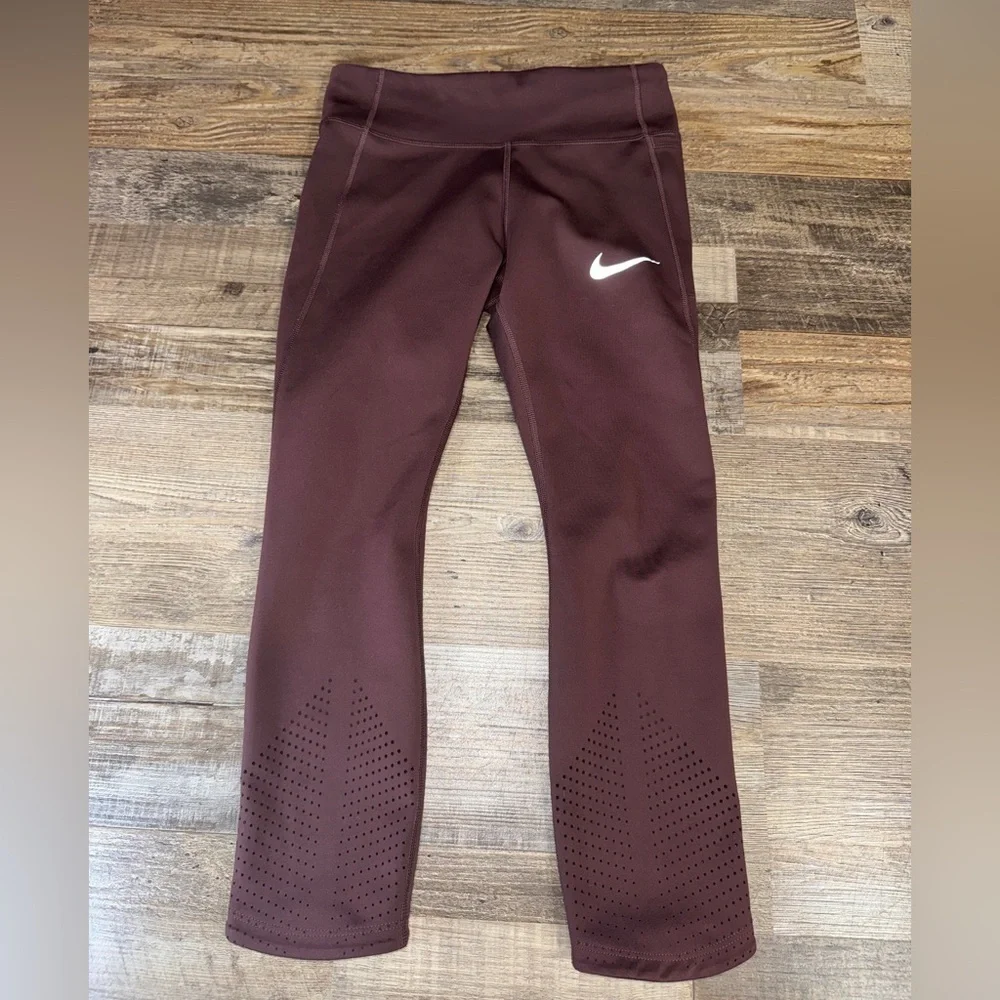 Nike Epic Lux Dri-Fit Running Cropped Leggings Burgundy Perforated Womens Small